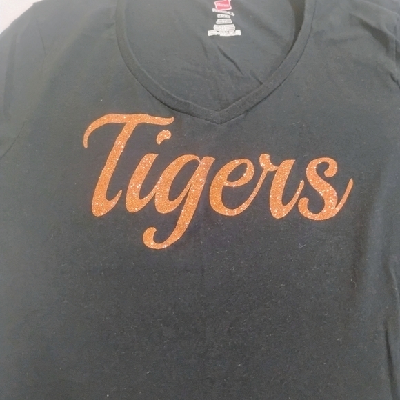Hanes Black V-Neck Tee with Orange Glitter 'Tigers' Script - Picture 2 of 6